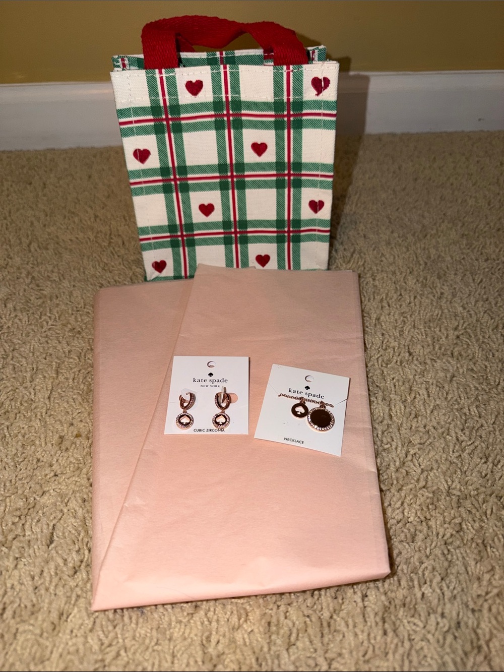kate spade Rose Gold Earrings & Necklace Set with mini tote & tissue paper